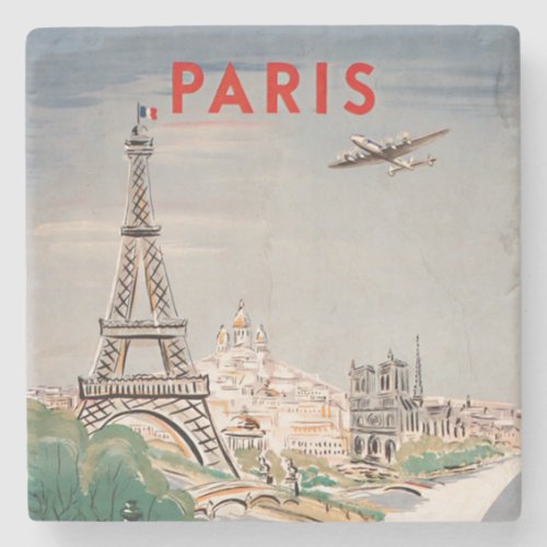 Vintage Eiffel Tower Paris Air Travel Advertising Stone Coaster
