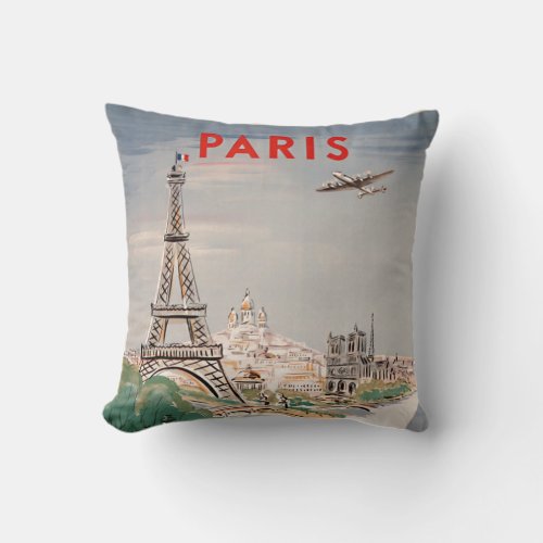 Vintage Eiffel Tower Paris Air Travel Advertising Throw Pillow