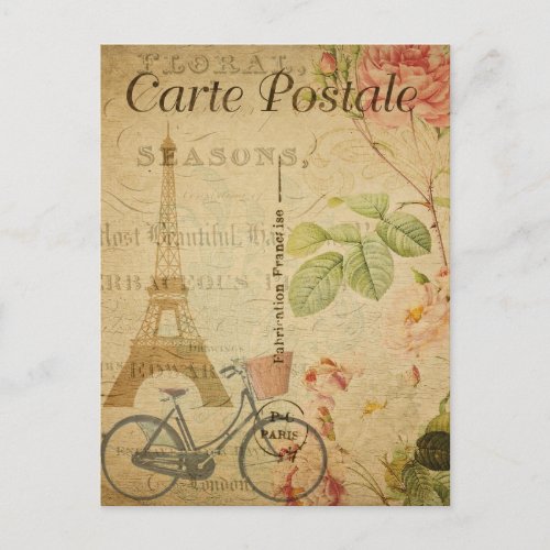 Vintage Eiffel Tower Paris Bicycle  Floral French Postcard