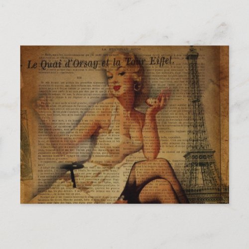 vintage eiffel tower Paris fashionista pin up girl Postcard