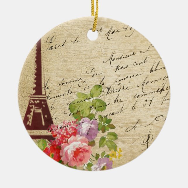 Vintage Eiffel Tower Paris & Flowers Ceramic Ornament (Front)