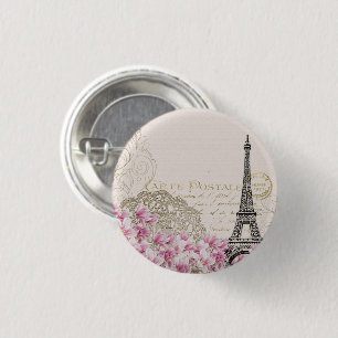 Vintage Eiffel Tower Paris France Romance Rose Button