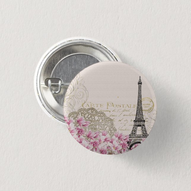 Vintage Eiffel Tower Paris France Romance Rose Button (Front & Back)