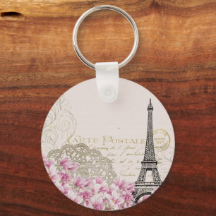 Vintage Eiffel Tower Paris France Romance Rose Keychain