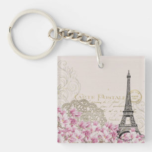 Vintage Eiffel Tower Paris France Romance Rose Keychain