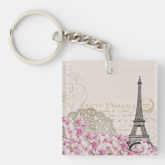 Vintage Eiffel Tower Paris France Romance Rose Keychain (Front)