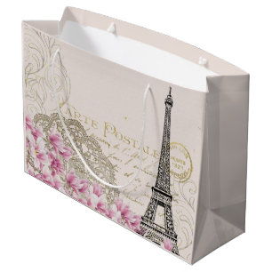 Vintage Eiffel Tower Paris France Romance Rose Large Gift Bag