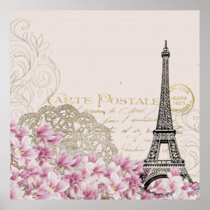 Vintage Eiffel Tower Paris France Romance Rose Poster