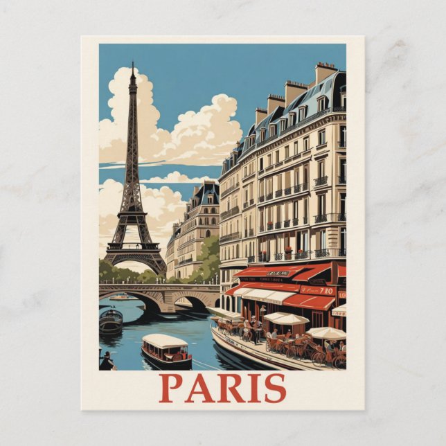 Vintage Eiffel Tower Paris France Seine Cafe Postcard (Front)