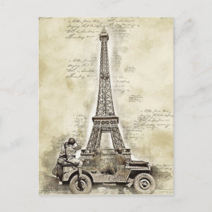 Vintage Eiffel Tower Paris France with Military Postcard