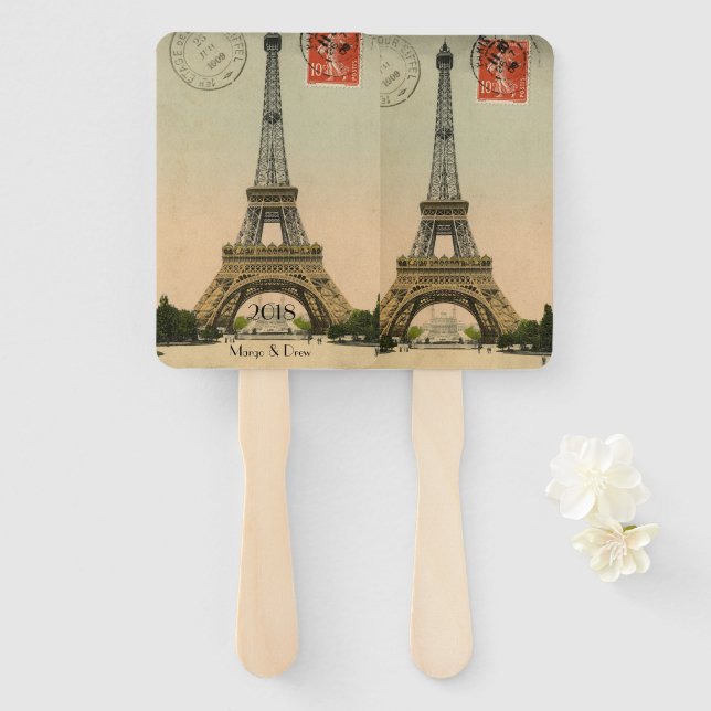 Vintage Eiffel Tower Paris Postcard Hand Fans (Front and Back)