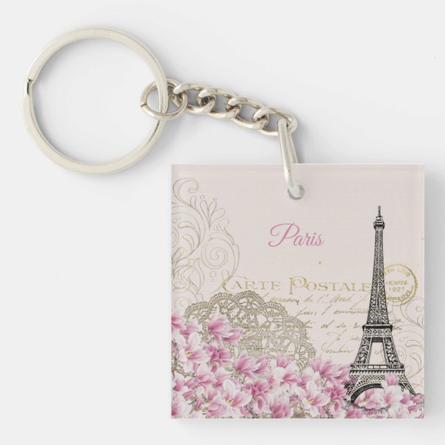 Vintage Eiffel Tower Paris Postcard Keychain (Front)