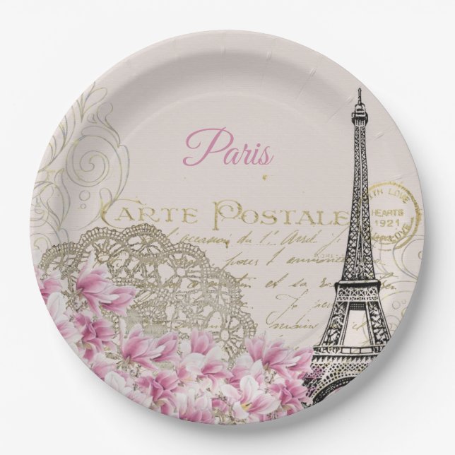 Vintage Eiffel Tower Paris Postcard Paper Plates (Front)