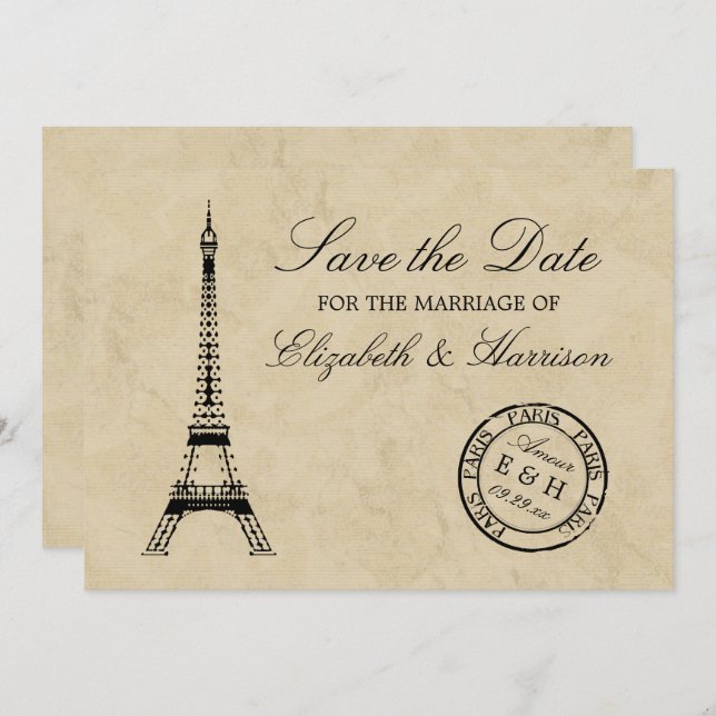 Vintage Eiffel Tower Paris Postmark Save The Date (Front/Back)