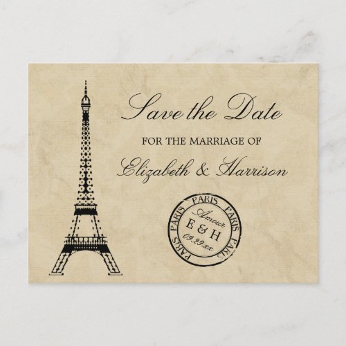 Vintage Eiffel Tower Paris Postmark Save The Date Announcement Postcard