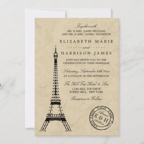 Vintage Eiffel Tower Paris Postmark Wedding Invitation