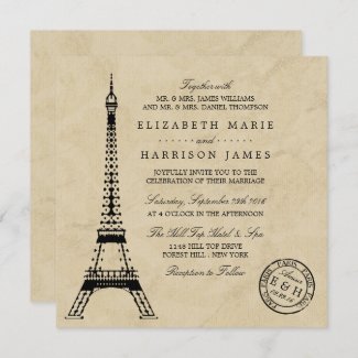 Vintage Eiffel Tower Paris Postmark Wedding Invitation