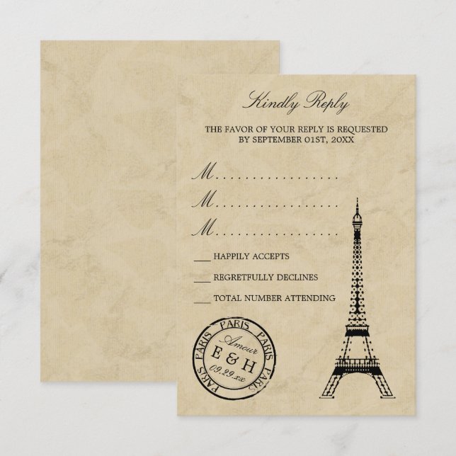 Vintage Eiffel Tower Paris Postmark Wedding RSVP Card (Front/Back)