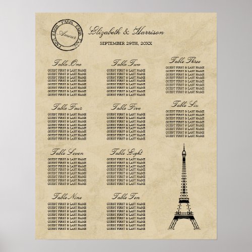 Vintage Eiffel Tower Paris Postmark Wedding Seat Poster