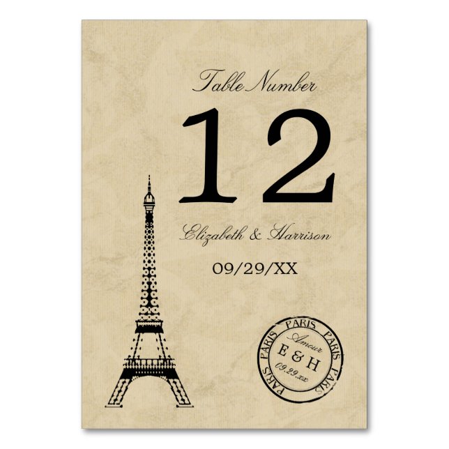 Vintage Eiffel Tower Paris Postmark Wedding Table Number (Front)