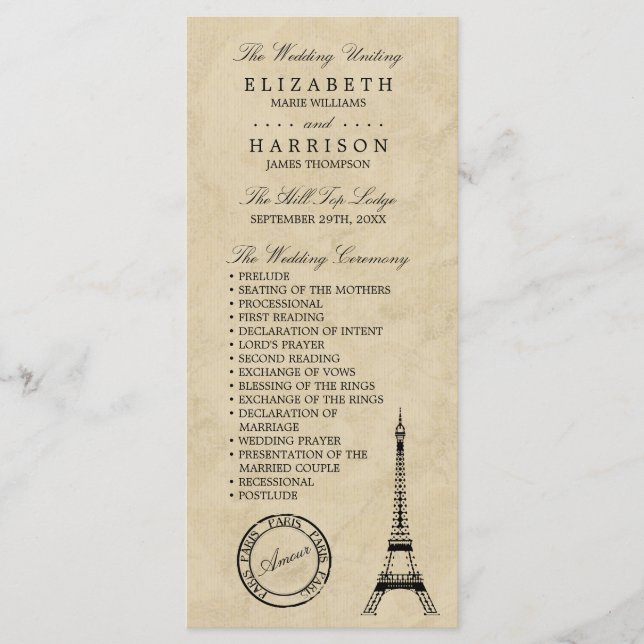 Vintage Eiffel Tower Paris Wedding Program (Front)