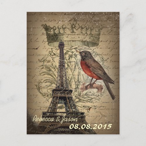 Vintage Eiffel Tower Paris Wedding save the date Announcement Postcard