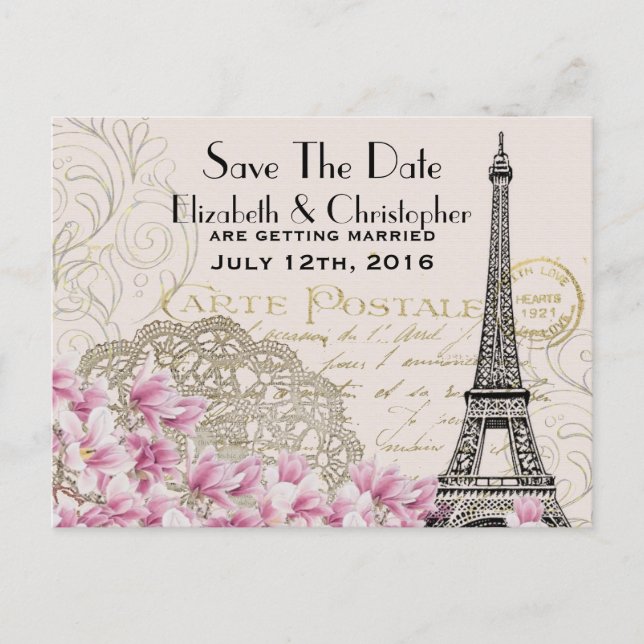 Vintage Eiffel Tower Parisian Style Save The Date Announcement Postcard (Front)