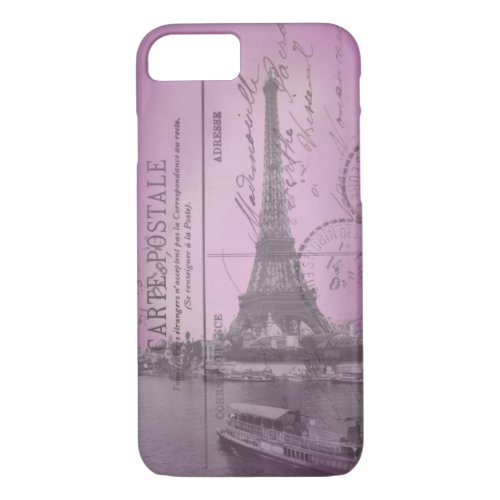 Vintage Eiffel Tower Postcard in Pink iPhone 7 cas iPhone 87 Case