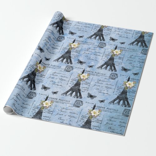 Vintage Eiffel Tower Postcards on Blue Wrapping Paper