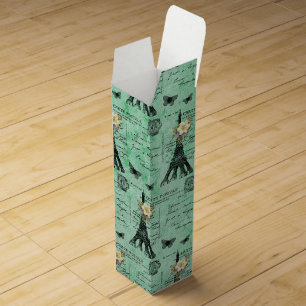Vintage Eiffel Tower Postcards on Green Wine Gift Box