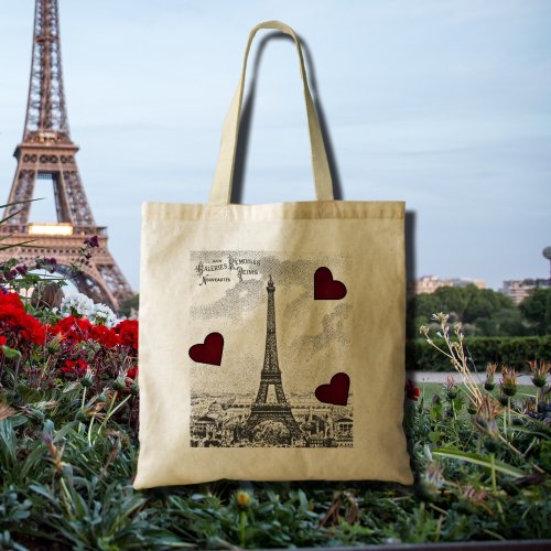 Vintage Eiffel Tower   _ red hearts Tote Bag