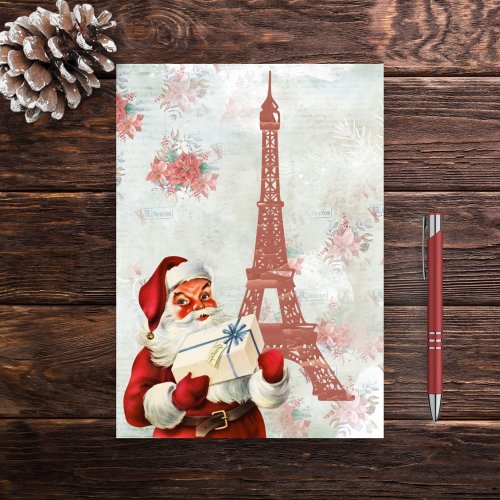 Vintage Eiffel Tower Santa Paris Christmas Holiday Card