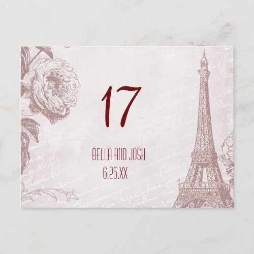 Vintage Eiffel Tower Wedding Table Card Postcard