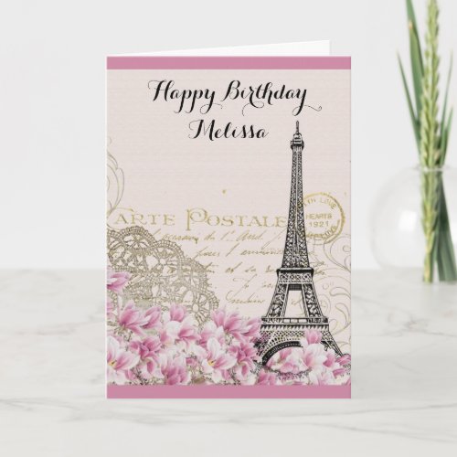 Vintage Eiffel Tower with Pink flowers Birthday Card