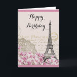 Vintage Eiffel Tower with Pink flowers Birthday Card<br><div class="desc">A whimsical vintage collage which has an old french postcard background with an eiffel tower sketch and some pink and white wildflowers bordering the bottom. Fancy swirly embellishments decorate the sides. Happy Birthday written in a fancy handwritten font. Customize the message inside or leave as is. The message says: Wishing...</div>