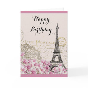 Vintage Eiffel Tower with Pink flowers Birthday Card