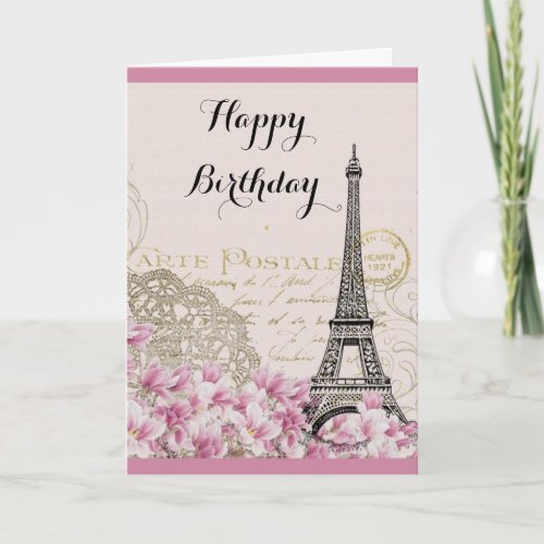 Vintage Eiffel Tower with Pink flowers Birthday Card