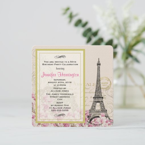 Vintage Eiffel Tower with Pink Flowers Birthday Invitation | Zazzle