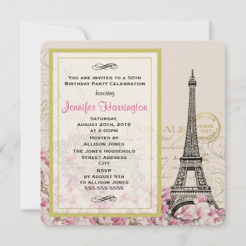 Vintage Eiffel Tower with Pink Flowers Birthday Invitation