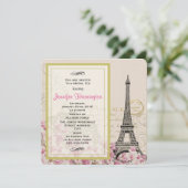 Vintage Eiffel Tower with Pink Flowers Bridal Tea Invitation (Standing Front)