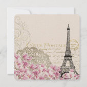 Vintage Eiffel Tower with Pink Flowers Bridal Tea Invitation (Back)