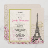 Vintage Eiffel Tower with Pink Flowers Bridal Tea Invitation (Front/Back)
