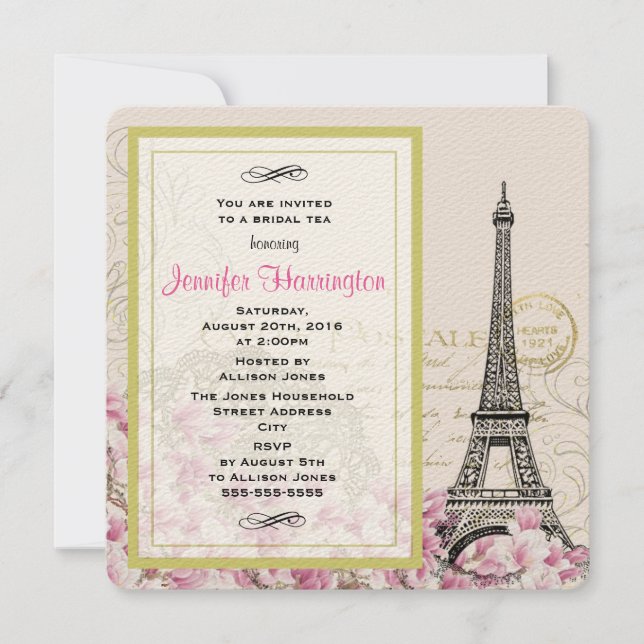 Vintage Eiffel Tower with Pink Flowers Bridal Tea Invitation (Front)
