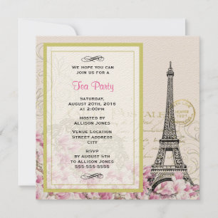 Vintage Eiffel Tower with Pink Flowers Tea Party Invitation