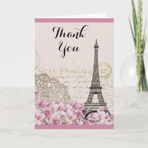 Vintage Eiffel Tower with Pink flowers Thank You Card
