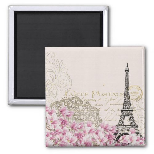 Vintage Eiffel Tower with Pink WildFlowers Magnet