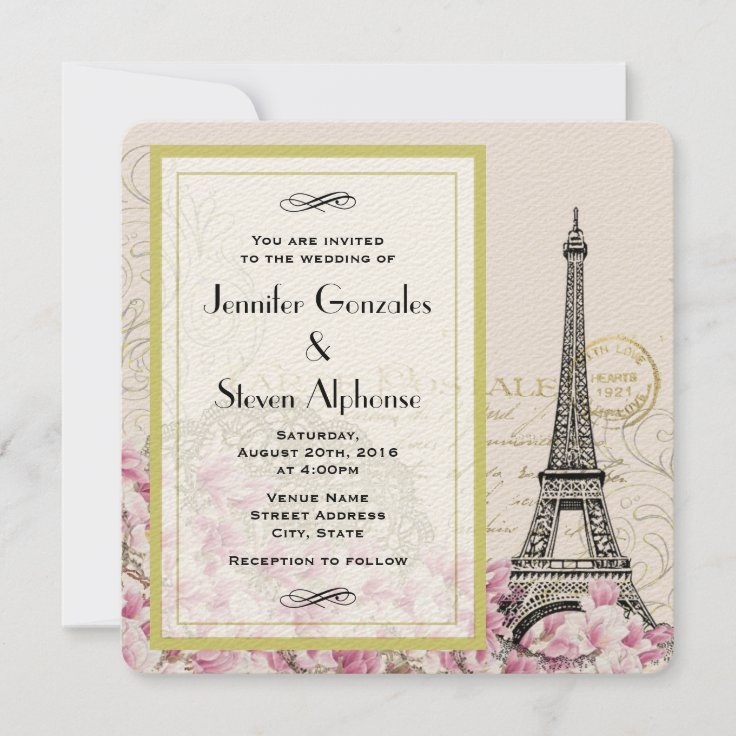 Vintage Eiffel Tower with Pink Wildflowers Wedding Invitation | Zazzle