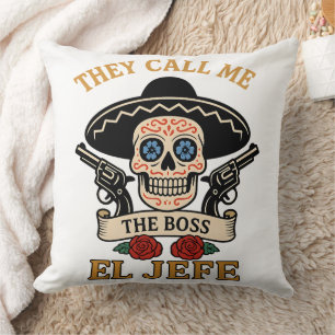 Vintage El Jefe Sugar Skull Boss Cinco de Mayo Throw Pillow