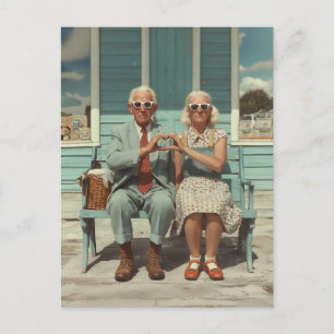 Vintage Elderly Couple Making Heart Gesture Postcard