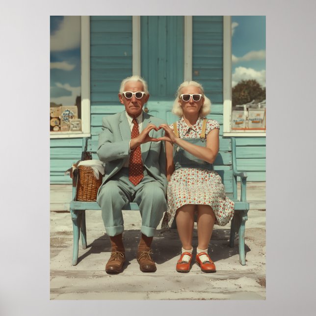 Vintage Elderly Couple Making Heart Gesture Poster (Front)